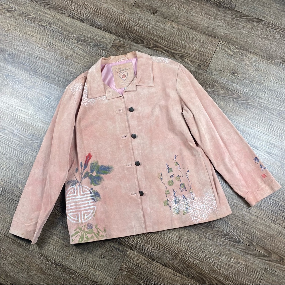 Chico’s Anniversary Collection Leather Jacket XL Artsy Asian Button Front VTG